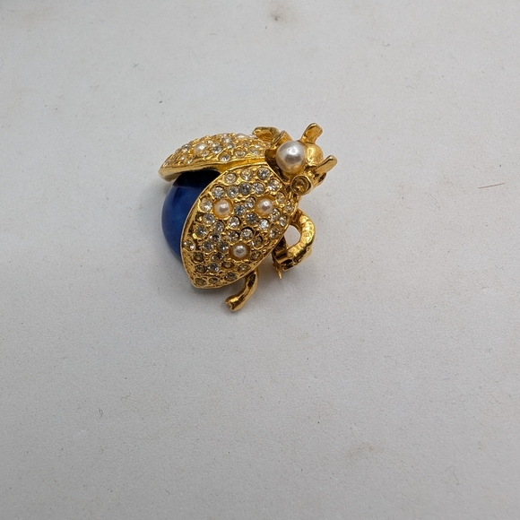 Vintage Blue Moonstone & Pearl Ladybug Brooch Pin - Picture 2 of 3